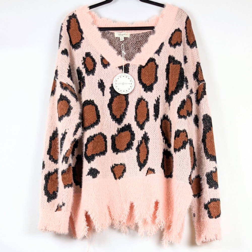 Umgee Fuzzy Animal Print Pink Sweater